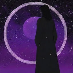 A young grey-skinned man wearing a black Greek robe with long black hair stands with his back to the camera, staring over his left shoulder at the viewer with bright star-like purple irises