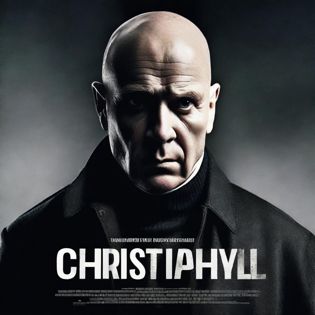 Create a dramatic movie poster featuring a bald man facing the camera