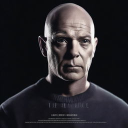 Create a dramatic movie poster featuring a bald man facing the camera