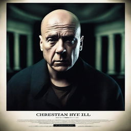 Create a dramatic movie poster featuring a bald man facing the camera