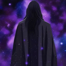 A young grey-skinned man wearing a black Greek robe with long black hair stands with his back to the camera, staring over his left shoulder at the viewer with bright star-like purple irises