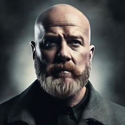 Create a dramatic movie poster featuring a bald man with a beard facing the camera