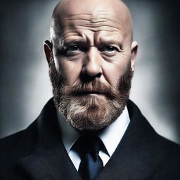 Create a dramatic movie poster featuring a bald man with a beard facing the camera