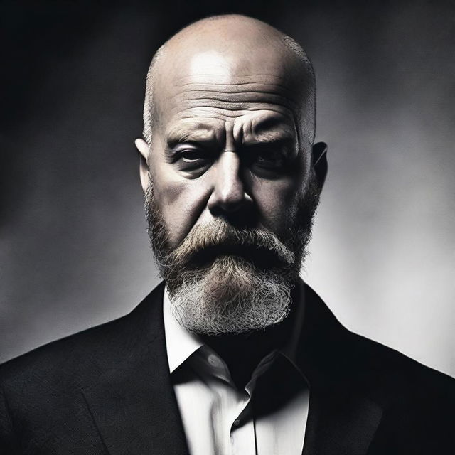 Create a dramatic movie poster featuring a bald man with a beard facing the camera