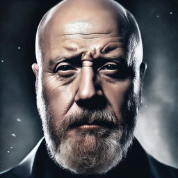 Create a dramatic movie poster featuring a bald man with a beard facing the camera