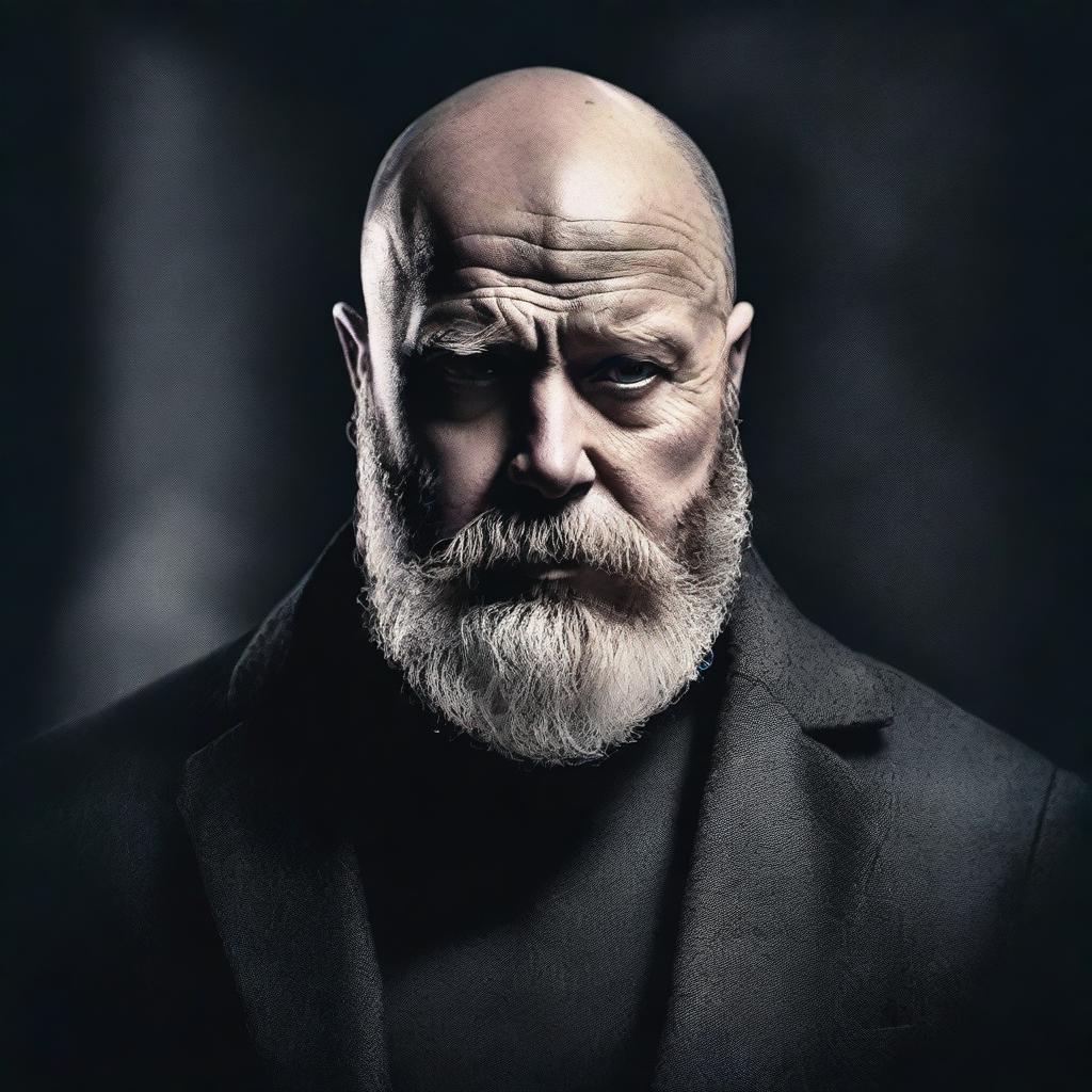 Create a dramatic movie poster featuring a bald man with a beard facing the camera