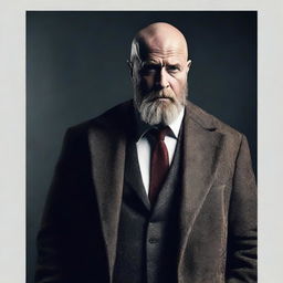 Create a dramatic movie poster featuring a bald man with a beard facing the camera