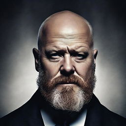 Create a dramatic movie poster featuring a bald man with a beard facing the camera