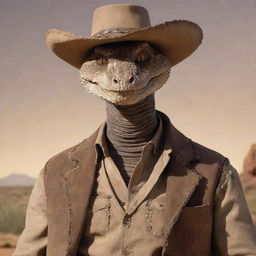 An anthropomorphic representation of 'Rattlesnake Jake', a character renowned from 'Rango' movie, depicted as a rugged-looking man with elements of a rattlesnake, including dusty cowboy attire, sharp-edged facial features, and a hint of scales.