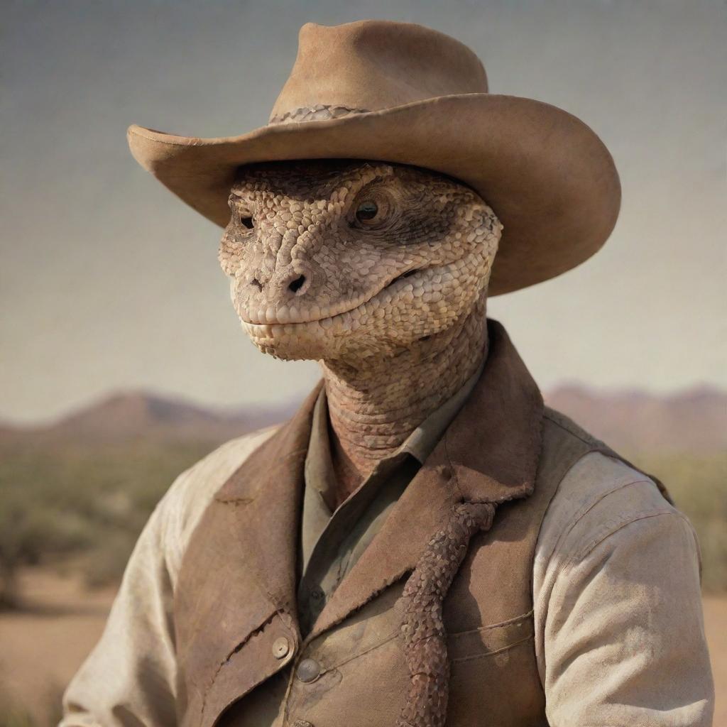 An anthropomorphic representation of 'Rattlesnake Jake', a character renowned from 'Rango' movie, depicted as a rugged-looking man with elements of a rattlesnake, including dusty cowboy attire, sharp-edged facial features, and a hint of scales.