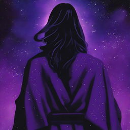 A young grey-skinned man wearing a black Greek robe with long black hair stands with his back to the camera, staring over his left shoulder at the camera with intense, bright purple eyes