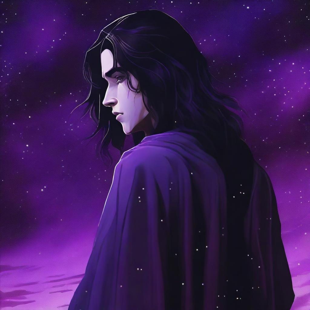 A young grey-skinned man wearing a black Greek robe with long black hair stands with his back to the camera, staring over his left shoulder at the camera with intense, bright purple eyes