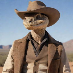 An anthropomorphic representation of 'Rattlesnake Jake', a character renowned from 'Rango' movie, depicted as a rugged-looking man with elements of a rattlesnake, including dusty cowboy attire, sharp-edged facial features, and a hint of scales.