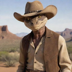 An anthropomorphic representation of 'Rattlesnake Jake', a character renowned from 'Rango' movie, depicted as a rugged-looking man with elements of a rattlesnake, including dusty cowboy attire, sharp-edged facial features, and a hint of scales.