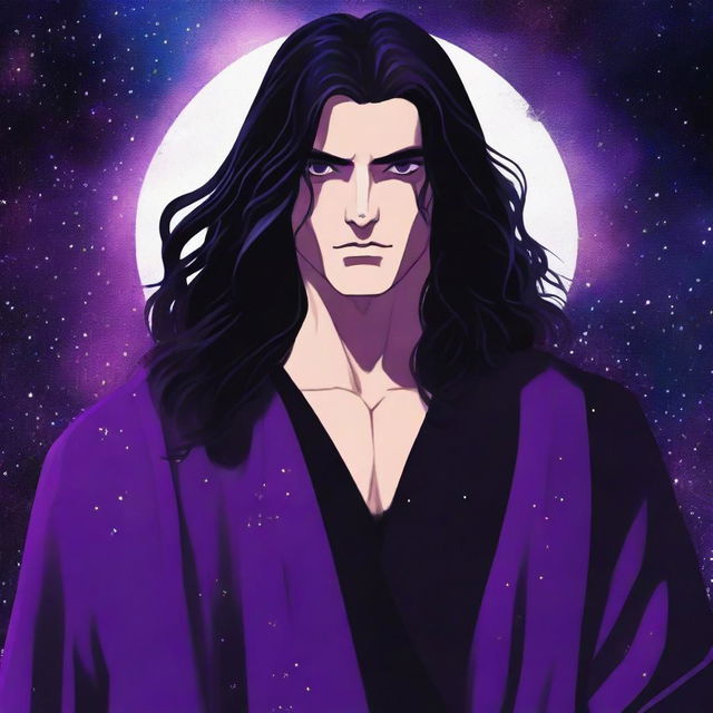 A young grey-skinned man wearing a black Greek robe with long black hair stands with his back to the camera, staring over his left shoulder at the camera with intense, bright purple eyes