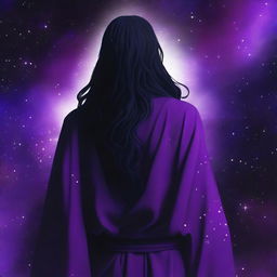 A young grey-skinned man wearing a black Greek robe with long black hair stands with his back to the camera, staring over his left shoulder at the camera with intense, bright purple eyes