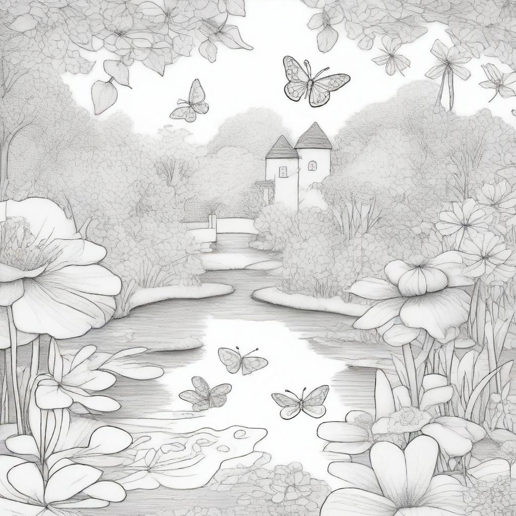 A detailed and intricate coloring book cover page featuring a whimsical garden scene with flowers, butterflies, and a peaceful pond