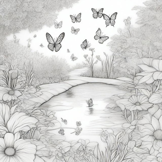 A detailed and intricate coloring book cover page featuring a whimsical garden scene with flowers, butterflies, and a peaceful pond