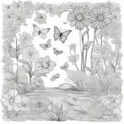 A detailed and intricate coloring book cover page featuring a whimsical garden scene with flowers, butterflies, and a peaceful pond