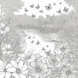 A detailed and intricate coloring book cover page featuring a whimsical garden scene with flowers, butterflies, and a peaceful pond