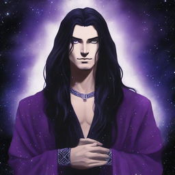 A young, grey-skinned man with long black hair, high cheekbones, and no beard, wearing a black Greek robe, stands with his back to the camera