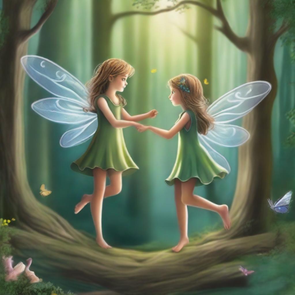 In a distant enchanted forest, two curious fairies, Serena and Luna, danced among the moonbeams filtering through the lush trees, attracting the attention of a girl named Gissel who ventured into the forest seeking adventures