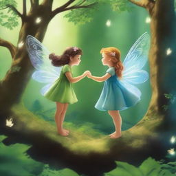 In a distant enchanted forest, two curious fairies, Serena and Luna, danced among the moonbeams filtering through the lush trees, attracting the attention of a girl named Gissel who ventured into the forest seeking adventures