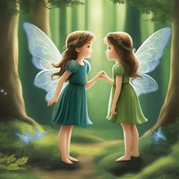 In a distant enchanted forest, two curious fairies, Serena and Luna, danced among the moonbeams filtering through the lush trees, attracting the attention of a girl named Gissel who ventured into the forest seeking adventures