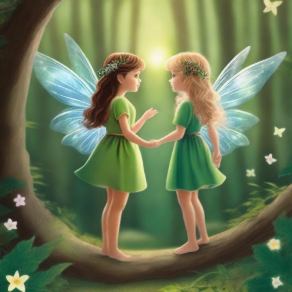 In a distant enchanted forest, two curious fairies, Serena and Luna, danced among the moonbeams filtering through the lush trees, attracting the attention of a girl named Gissel who ventured into the forest seeking adventures