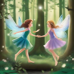 In a distant enchanted forest, two curious fairies, Serena and Luna, danced among the moonbeams filtering through the lush trees, attracting the attention of a girl named Gissel, who ventured into the forest seeking adventures