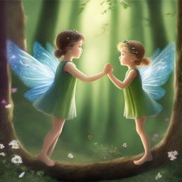 In a distant enchanted forest, two curious fairies, Serena and Luna, danced among the moonbeams filtering through the lush trees, attracting the attention of a girl named Gissel, who ventured into the forest seeking adventures