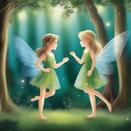 In a distant enchanted forest, two curious fairies, Serena and Luna, danced among the moonbeams filtering through the lush trees, attracting the attention of a girl named Gissel, who ventured into the forest seeking adventures