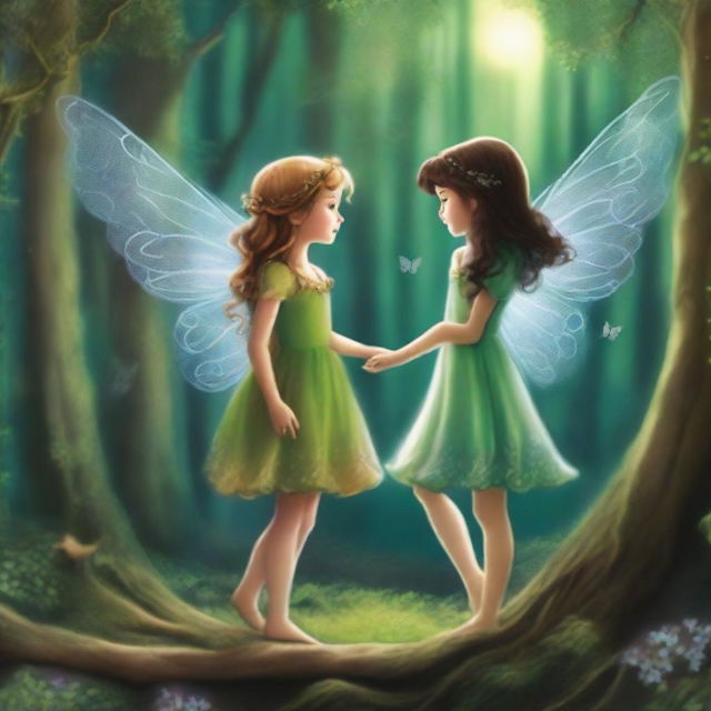 In a distant enchanted forest, two curious fairies, Serena and Luna, danced among the moonbeams filtering through the lush trees, attracting the attention of a girl named Gissel, who ventured into the forest seeking adventures