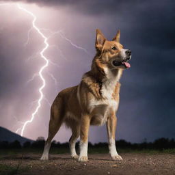 A majestic dog standing boldly with an intense background of lightning unfolding a dramatic scene