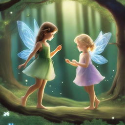 In a distant enchanted forest, two curious fairies, Serena and Luna, danced among the moonbeams filtering through the lush trees, attracting the attention of a girl named Gissel