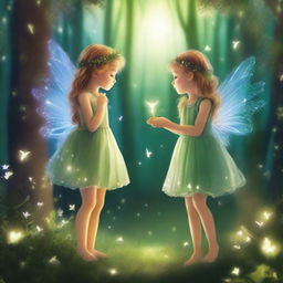 In a distant enchanted forest, two curious fairies, Serena and Luna, danced among the moonbeams filtering through the lush trees, attracting the attention of a girl named Gissel