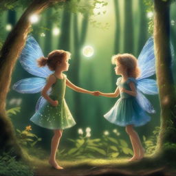 In a distant enchanted forest, two curious fairies, Serena and Luna, danced among the moonbeams filtering through the lush trees, attracting the attention of a girl named Gissel