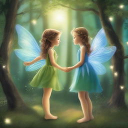 In a distant enchanted forest, two curious fairies, Serena and Luna, danced among the moonbeams filtering through the lush trees, attracting the attention of a girl named Gissel