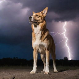 A majestic dog standing boldly with an intense background of lightning unfolding a dramatic scene