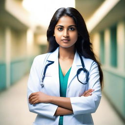 A beautiful 20-year-old Indian lady with very fair skin and a curvy figure, dressed as a medical student in a doctor's white lab coat with 'Omkar Medicom' written on it and a stethoscope around her neck