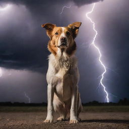 A majestic dog standing boldly with an intense background of lightning unfolding a dramatic scene