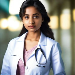 A beautiful 20-year-old Indian lady with very fair skin and a curvy figure, dressed as a medical student in a doctor's white lab coat with 'Omkar Medicom' written on it and a stethoscope around her neck