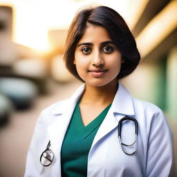 A beautiful 20-year-old Indian lady with very fair skin and a curvy figure, dressed as a medical student in a doctor's white lab coat with 'Omkar Medicom' written on it and a stethoscope around her neck