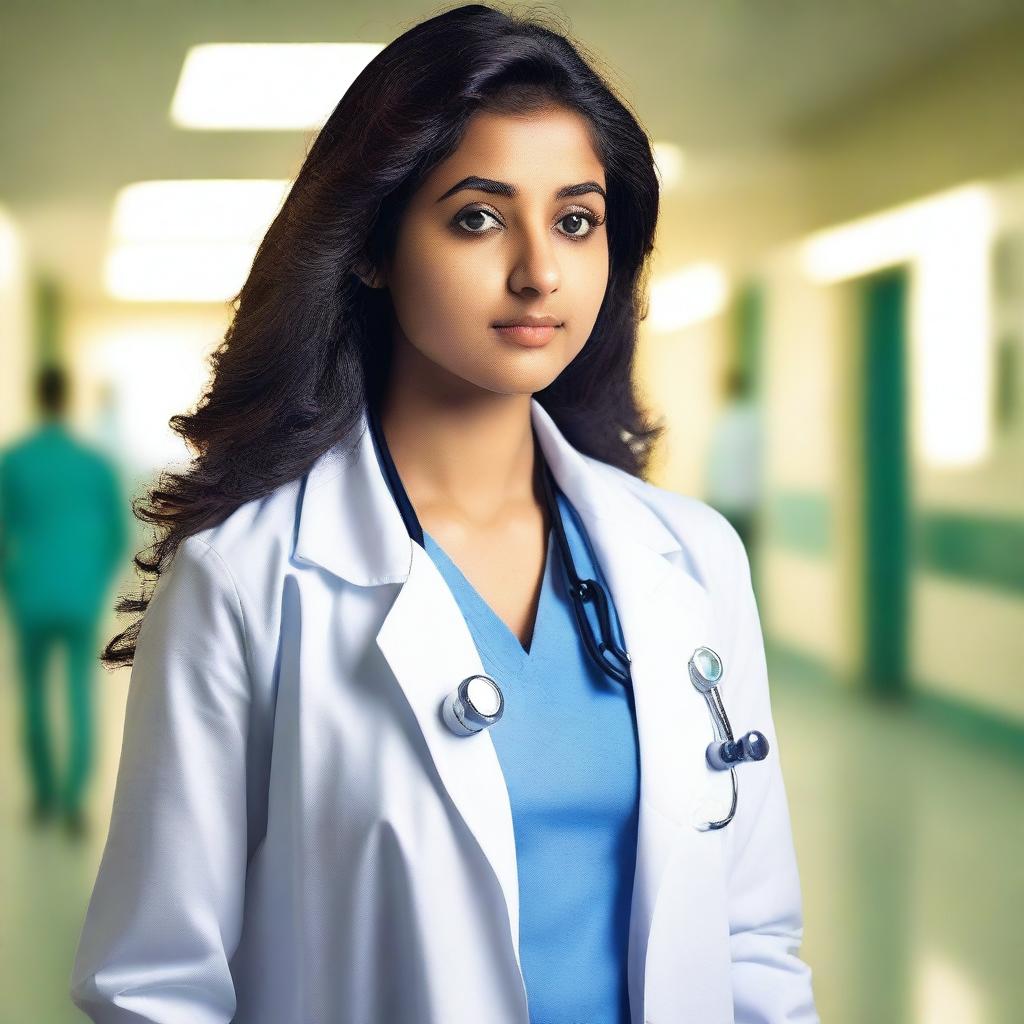 A beautiful 20-year-old Indian lady with very fair skin and a curvy figure, dressed as a medical student in a doctor's white lab coat with 'Omkar Medicom' written on it and a stethoscope around her neck