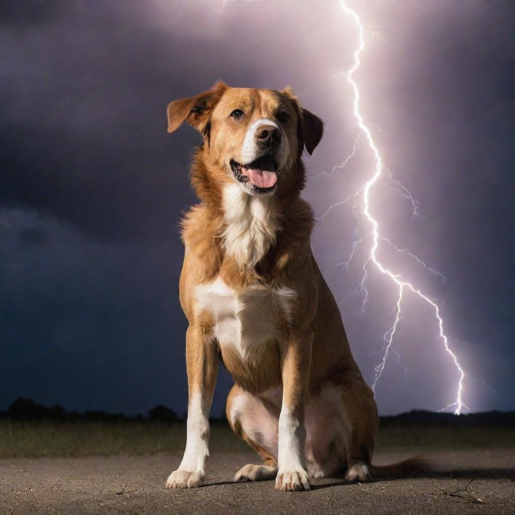 A majestic dog standing boldly with an intense background of lightning unfolding a dramatic scene