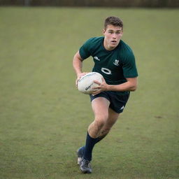 A confident, 17-year old rugby player in action, dribbling down the field with a rugby ball in hand, wearing traditional rugby sportswear.