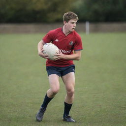 A confident, 17-year old rugby player in action, dribbling down the field with a rugby ball in hand, wearing traditional rugby sportswear.