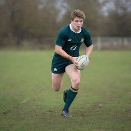 A confident, 17-year old rugby player in action, dribbling down the field with a rugby ball in hand, wearing traditional rugby sportswear.