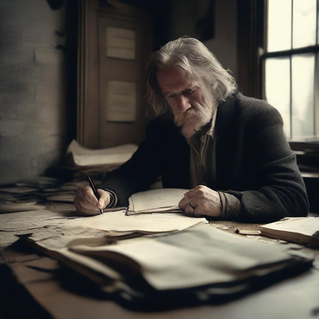 A writer at his desk: A man, haggard and disheveled, sits at a cluttered desk