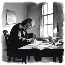 A writer at his desk: A man, haggard and disheveled, sits at a cluttered desk